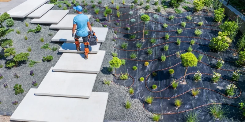 stone patio and pathway integrated with existing lawn garden beds and mature trees in landscaped yard