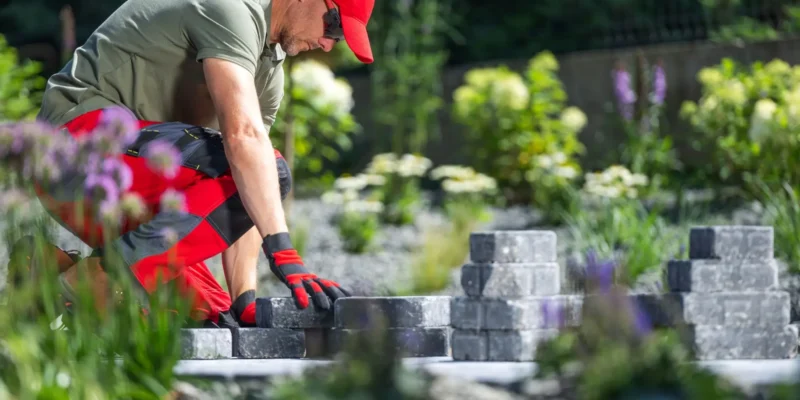 retaining wall with patio hardscaping elements on a sloped landscape showing structural and decorative features
