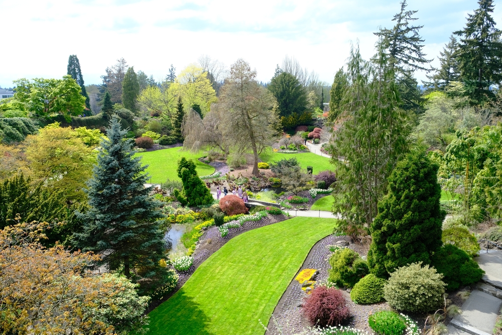 Elevated view of an expansive landscaped garden with sweeping lawns, curved pathways, and mature trees