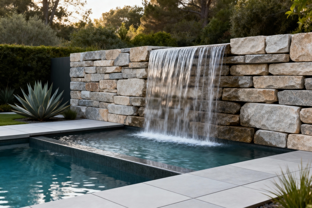 Stacked stone wall waterfall cascading into an in-ground pool with a concrete deck in a landscaped backyard