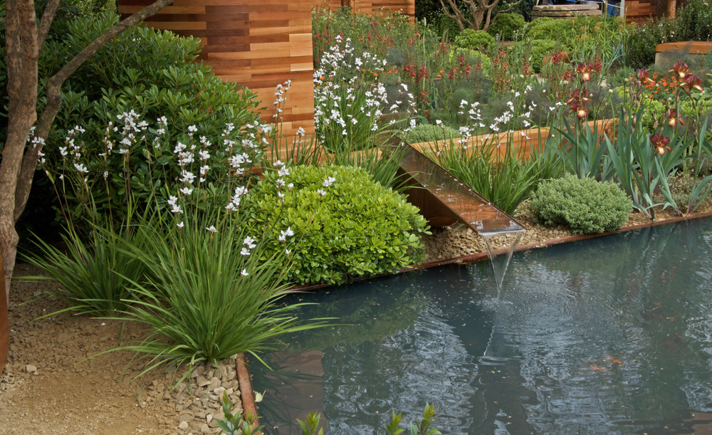 Modern landscape water rill spilling from a steel weir into a reflecting channel surrounded by ornamental planting